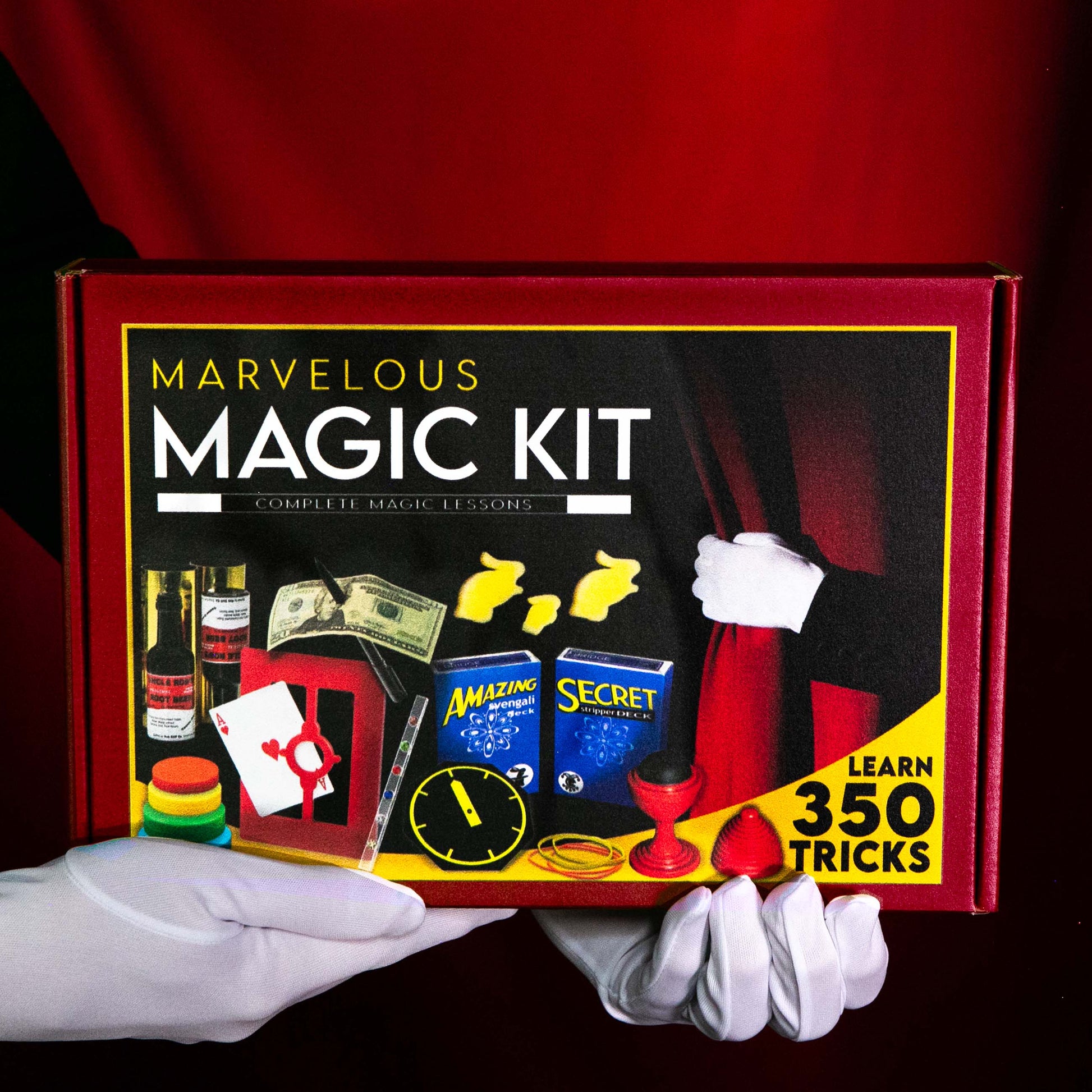 Dive into a world of wonder with this Marvelous Magic Kit, packed with vibrant tricks like card decks and sponge rabbits.