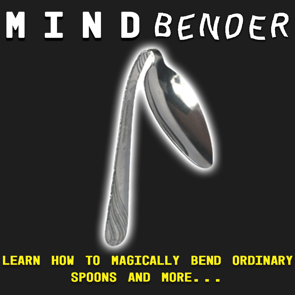 Close-up view of a magician bending an ordinary spoon with intense focus, showcasing the Mind Bender spoon-bending trick.