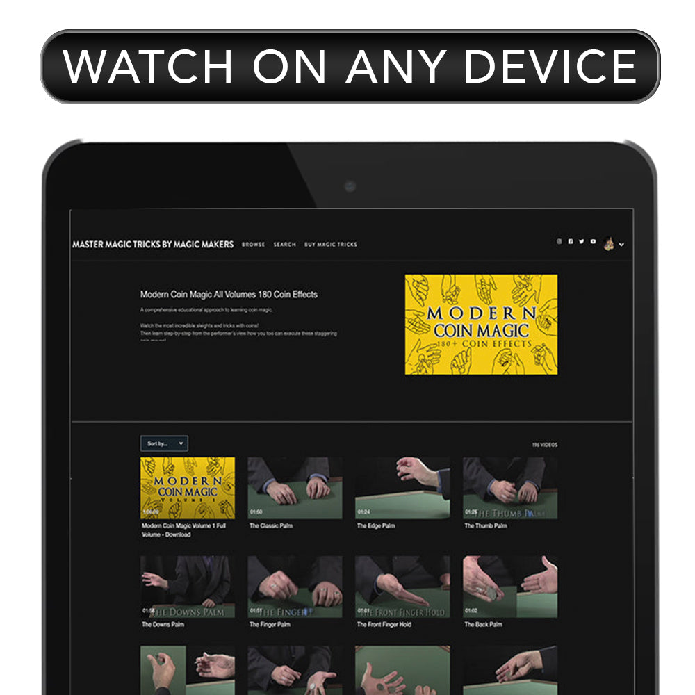 Detailed view of the Modern Coin Magic Download, showcasing a digital interface with tutorials for 170+ coin tricks.