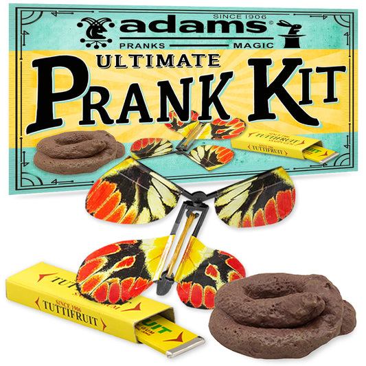 Discover the fun of The Ultimate Prank Kit, featuring snapping gum, fake doggie doo, and a colorful flying butterfly!