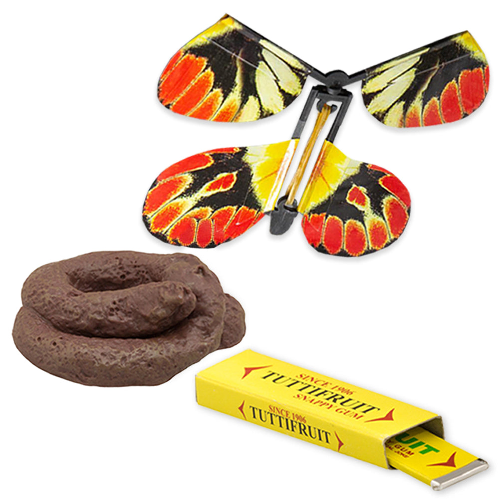Discover the fun of The Ultimate Prank Kit with classic gags like snapping gum, fake doggie doo, and a flying monarch butterfly.