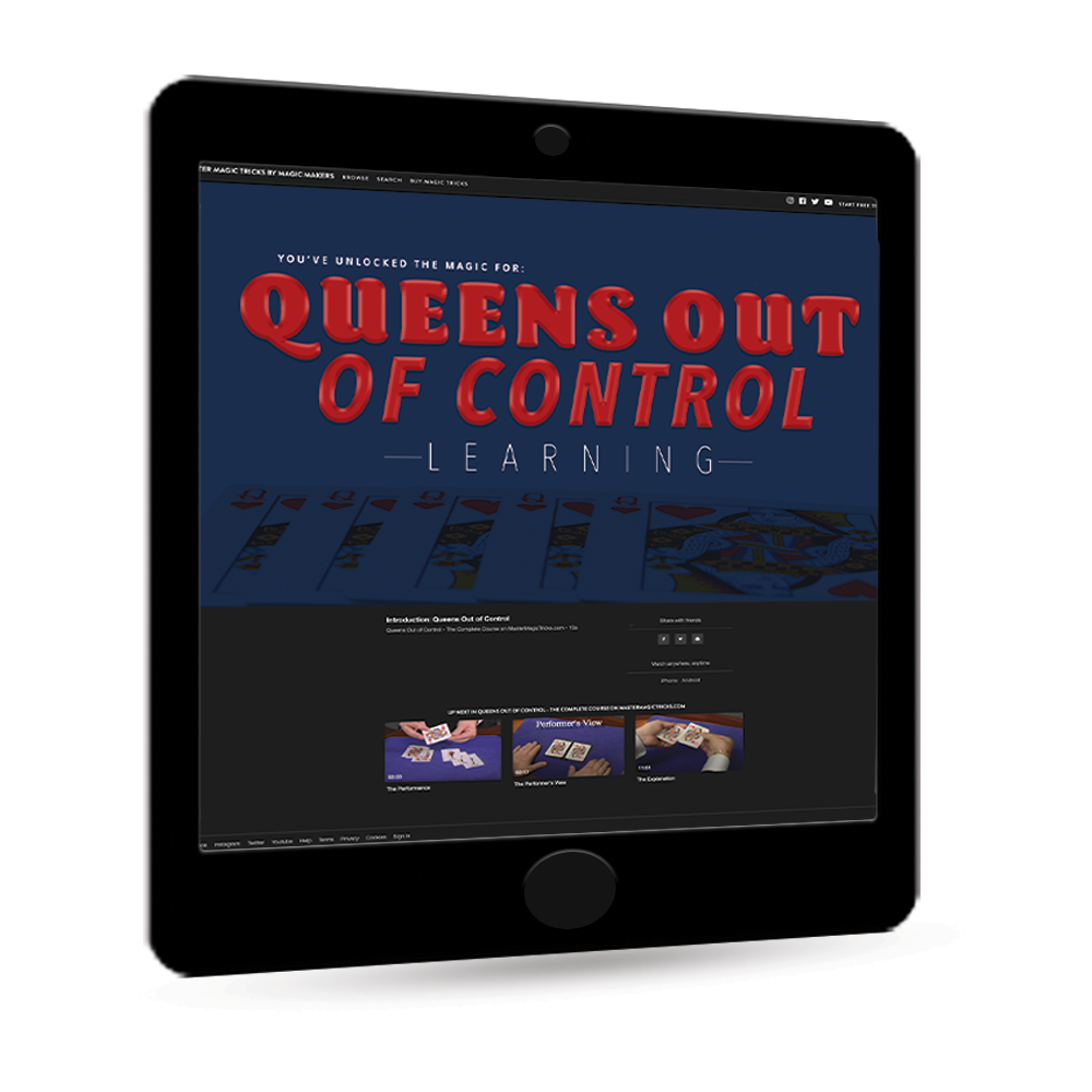 Vibrant card trick set, "Queens Out Of Control," featuring a special packet of cards transforming Queens into Jokers.