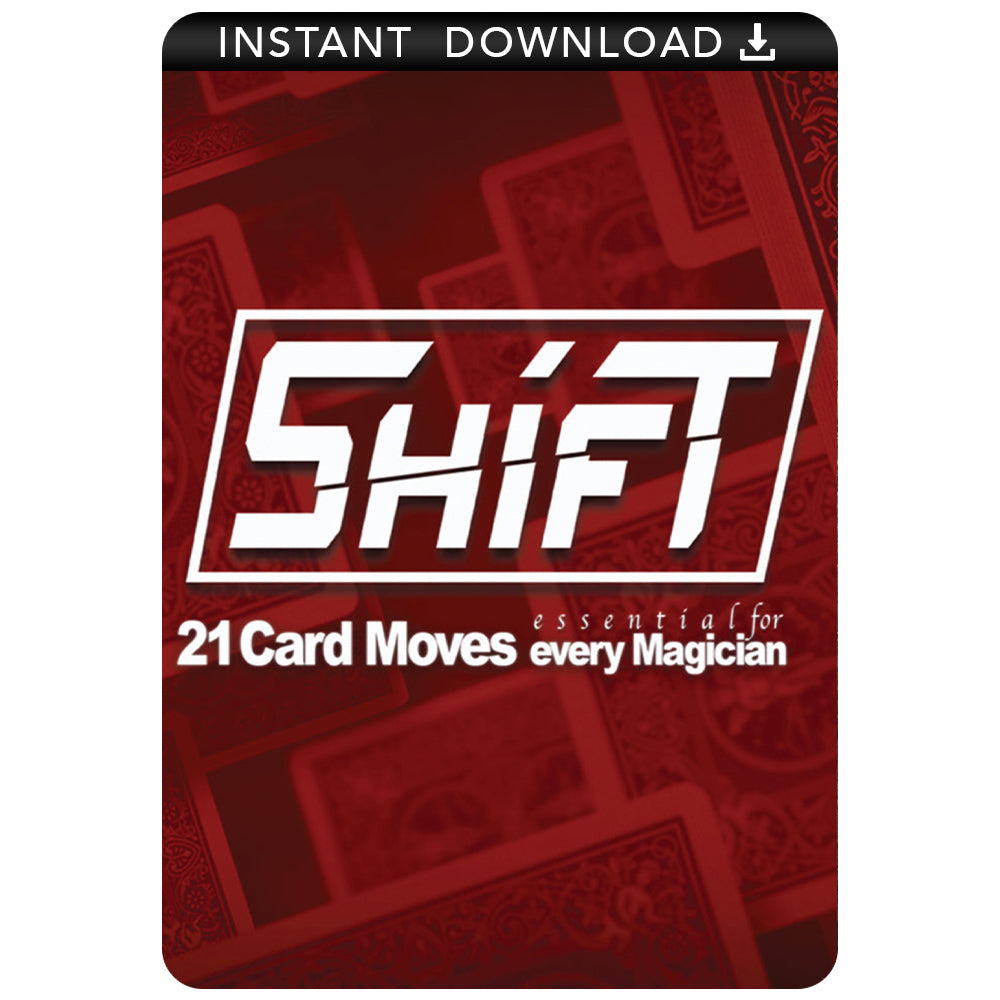 Detailed tutorial video cover for Invisible Shift Download, showcasing 21 card magic tricks with dynamic deck visuals.