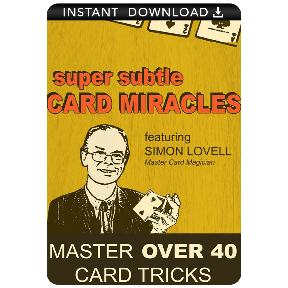 Explore the art of magic with the Super Subtle Card Tricks Download, featuring a vibrant digital course cover with cards fanned out dramatically.