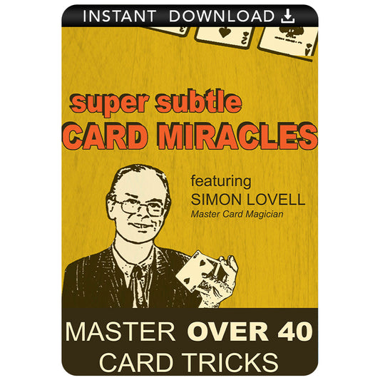 Explore the art of magic with the Super Subtle Card Tricks Download, featuring a vibrant digital course cover with cards fanned out dramatically.