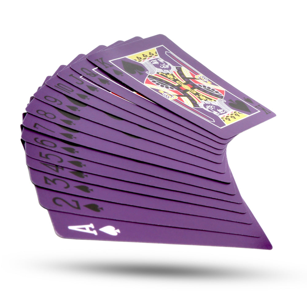 Vibrant purple Reverse Back Bicycle Deck with stunning full bleed faces, gold and red court cards, and unique gaff cards.