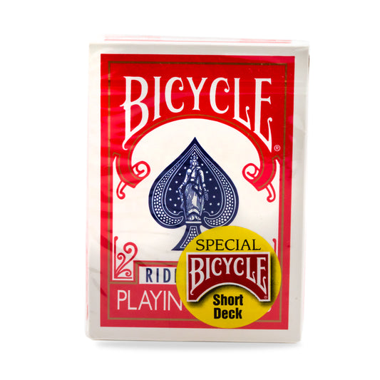 Vibrant red Bicycle Rider Back playing cards in a short deck, featuring the iconic intricate back design for card games.