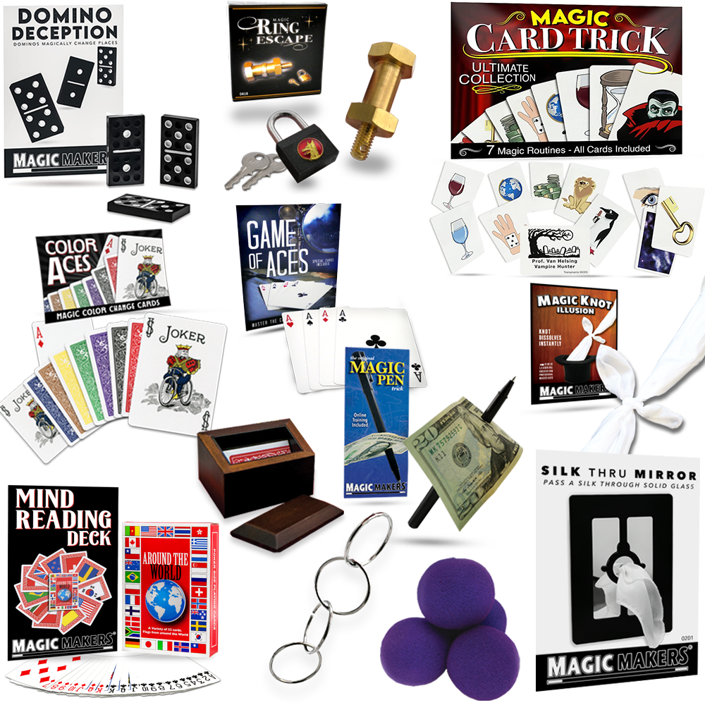 Explore endless wonder with the 100 Magic Secrets Tricks Kit, featuring colorful props like cards, silks, and spongeballs for aspiring magicians.