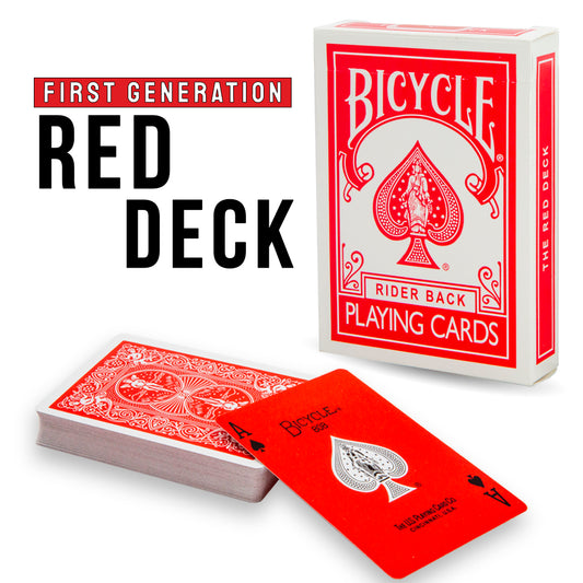 Vibrant red First Generation Bicycle Deck with striking black and white pips on full-color court cards, ready for magic.