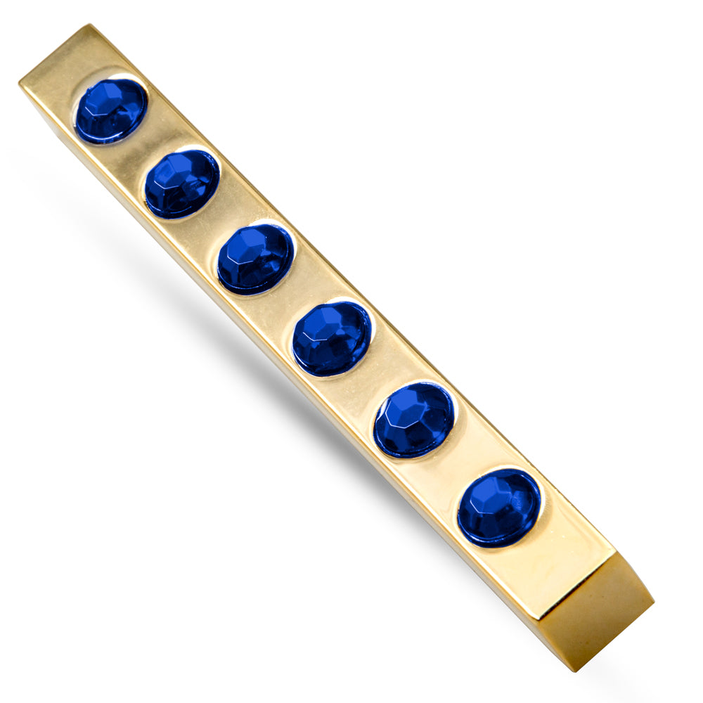 Vibrant blue and gold metal Hotrod magic prop with embedded gems, showcasing a sleek, eye-catching design for tricks.