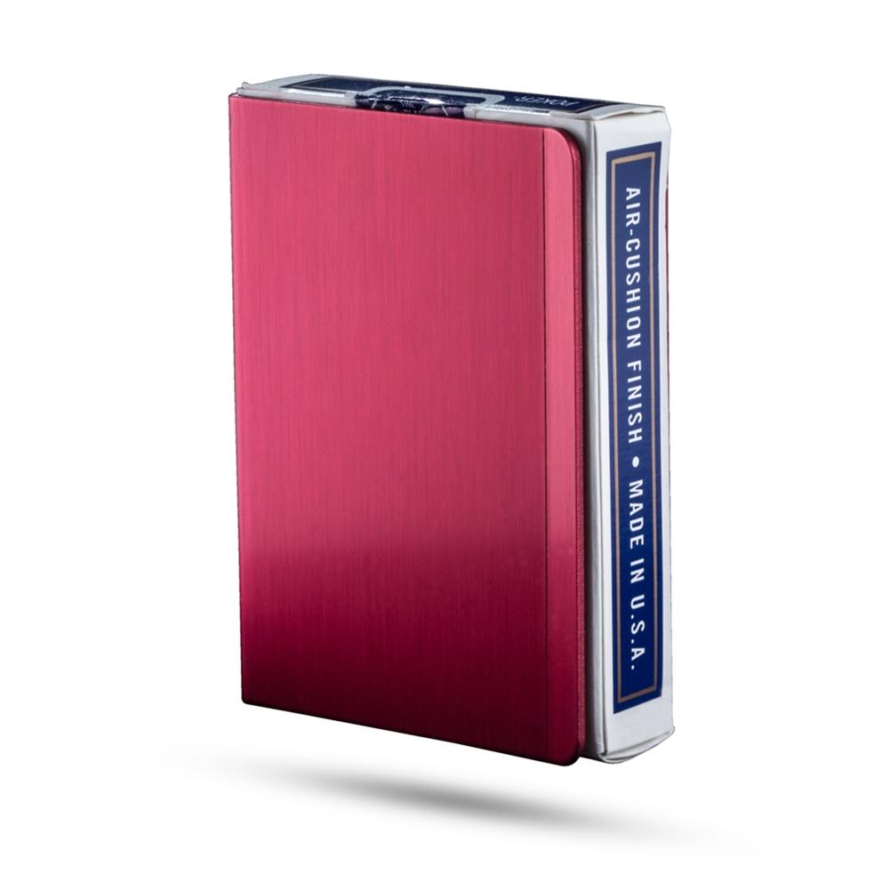 Vibrant Ruby Red Deck Defender card guard in durable aluminum, designed to protect and fit standard poker decks perfectly.