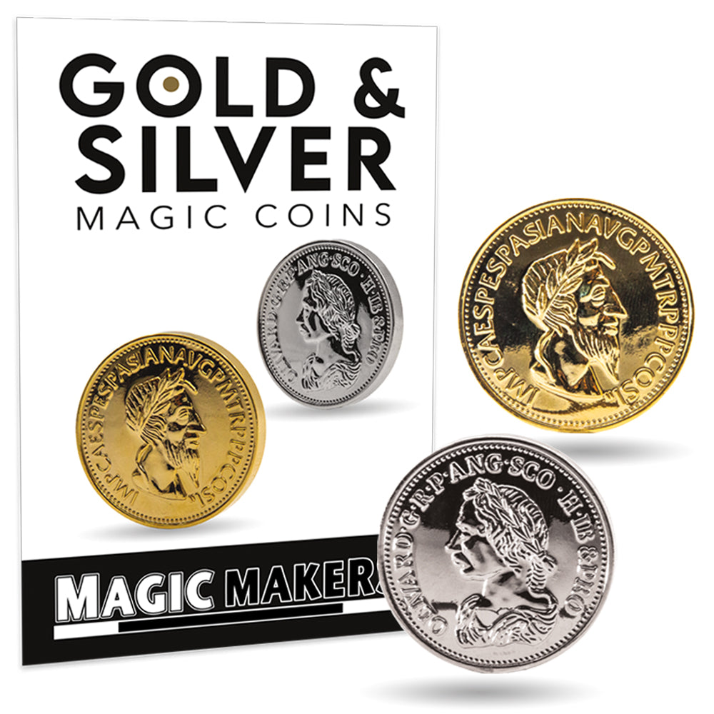 Shiny gold and silver magic coins gleam in a magician's hand, ready to vanish and reappear in a mesmerizing trick.