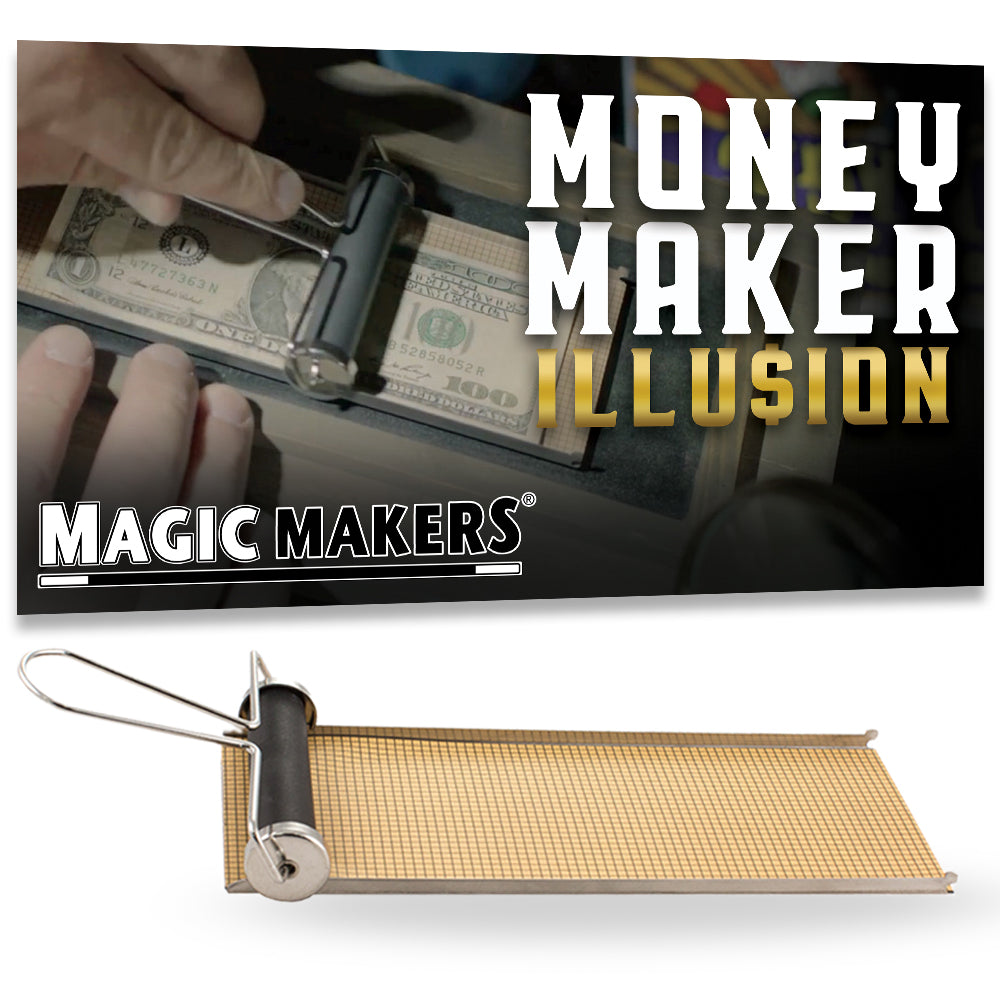 Experience the classic Money Maker Illusion, a limited-edition magic trick by Magic Makers, showcasing a stunning bill transformation with a sleek, vintage-inspired device.