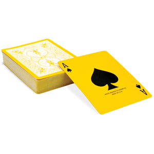 Vibrant yellow Reversed Back Bicycle Deck with bold black and red pips on full-color court cards, perfect for magic tricks.