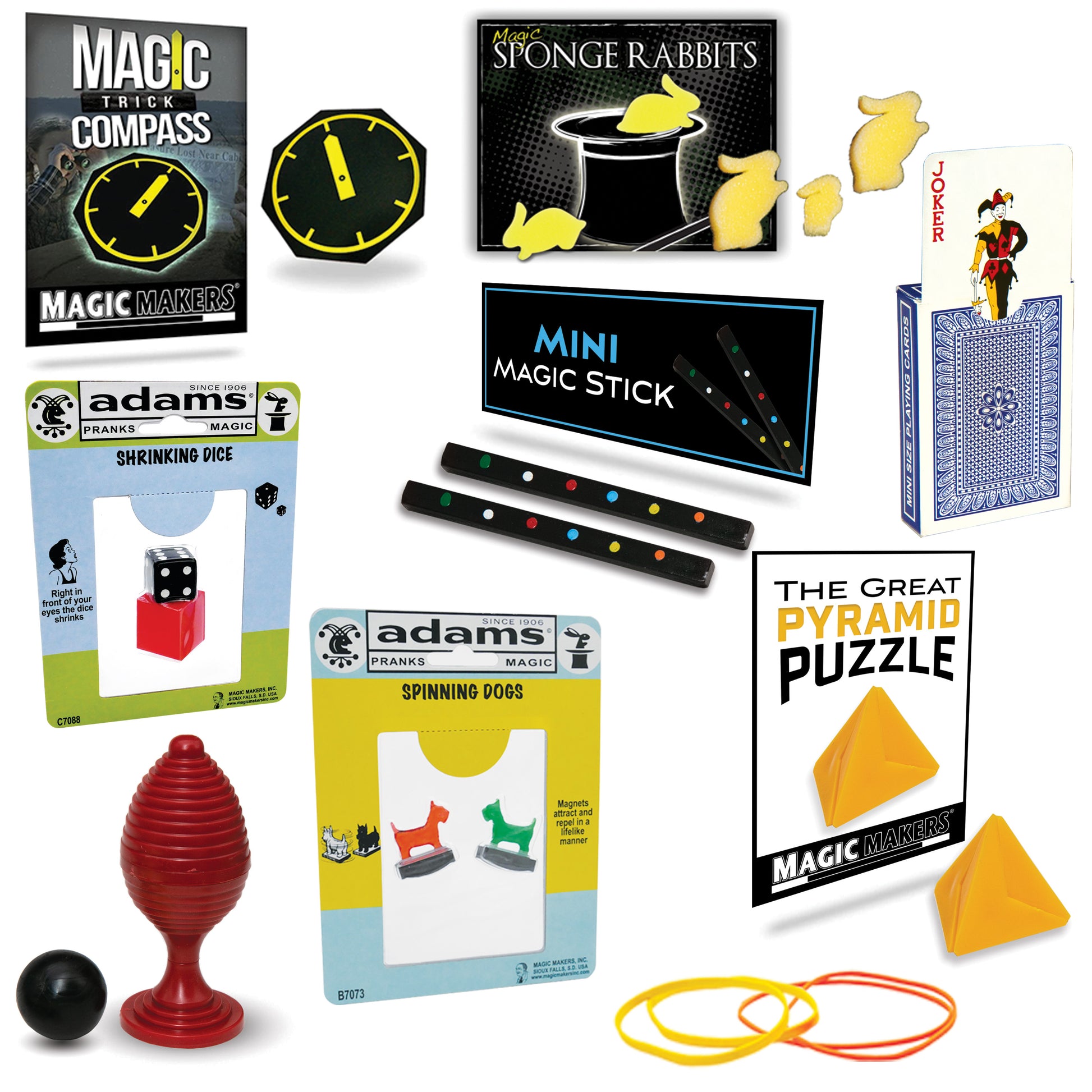 Explore the 50 Amazing Magic Tricks Kit, bursting with colorful props like the Magic Ball & Vase and Mini Stripper Deck.
