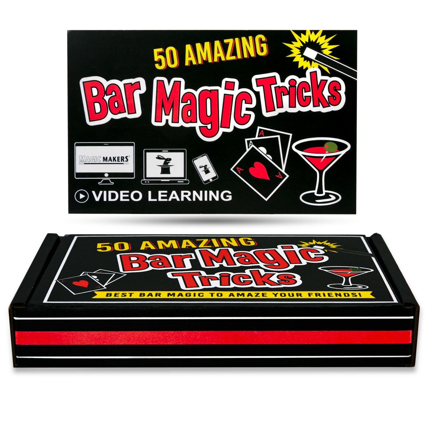 Retro-style 50 Amazing Adult Bar Tricks Kit box, packed with magic tricks and puzzles to amaze at any bar night out.
