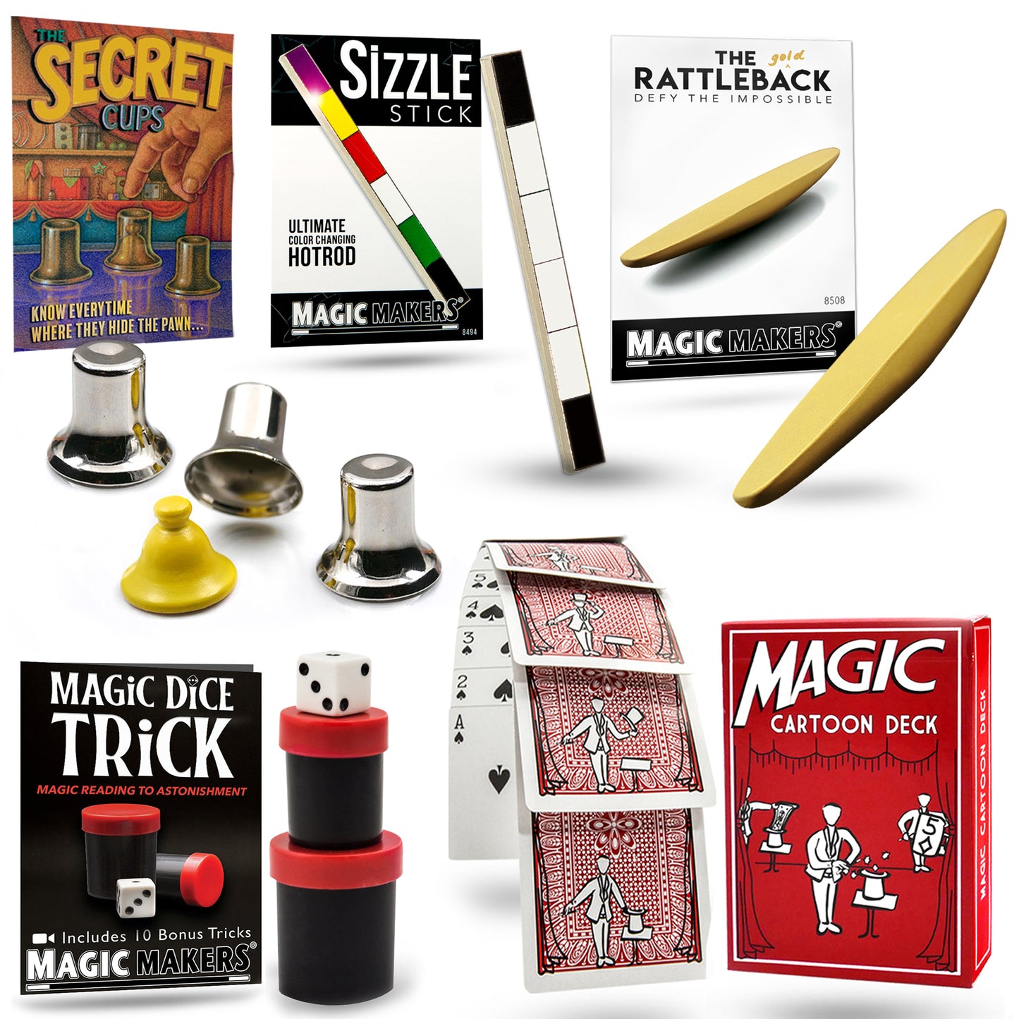 Discover the Amazing Magic Tricks Kit, packed with colorful props like the Magic Cartoon Deck and Secret Cups for aspiring magicians.