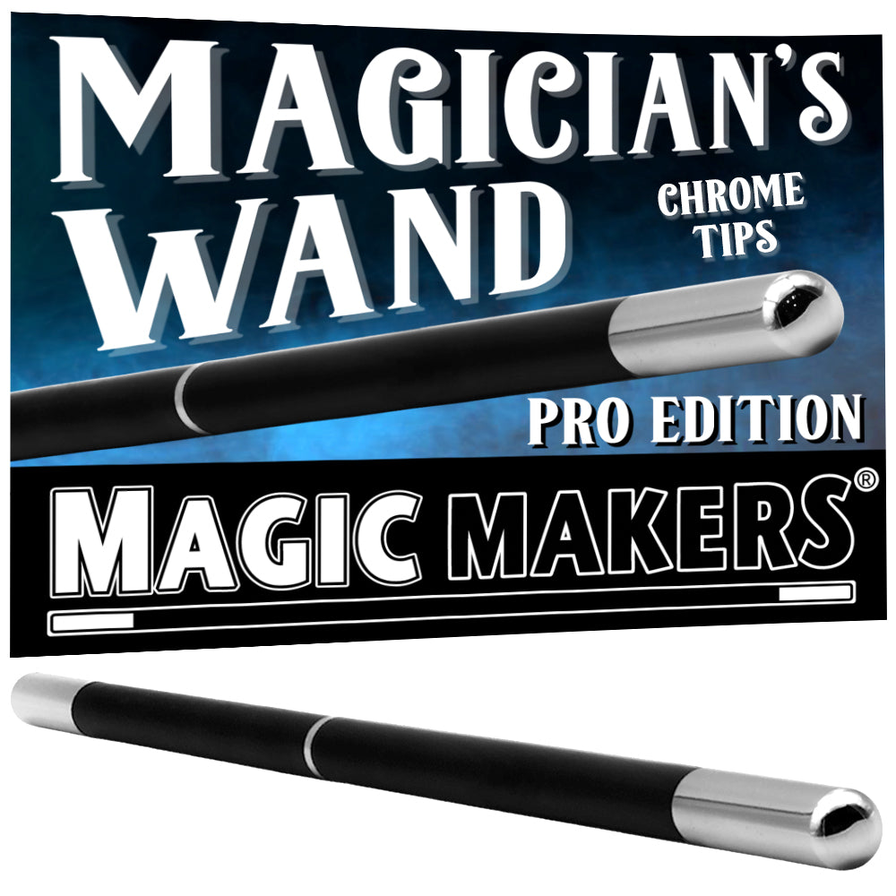 Sleek black Magician's Wand with shiny chrome tips, expertly crafted for perfect balance and a striking 13.5-inch design.