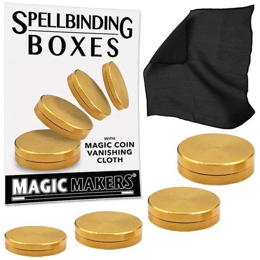 Gleaming golden Spellbinding Boxes nested together, paired with a professional coin vanishing cloth for magical tricks.