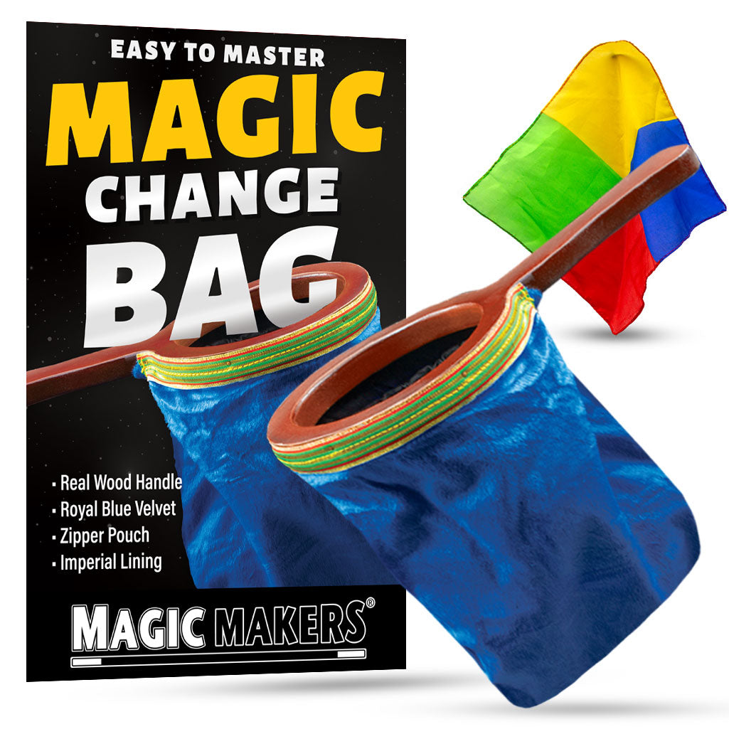 Vibrant blue Magic Change Bag with a sleek wooden handle and zipper, perfect for magicians to create astonishing tricks.