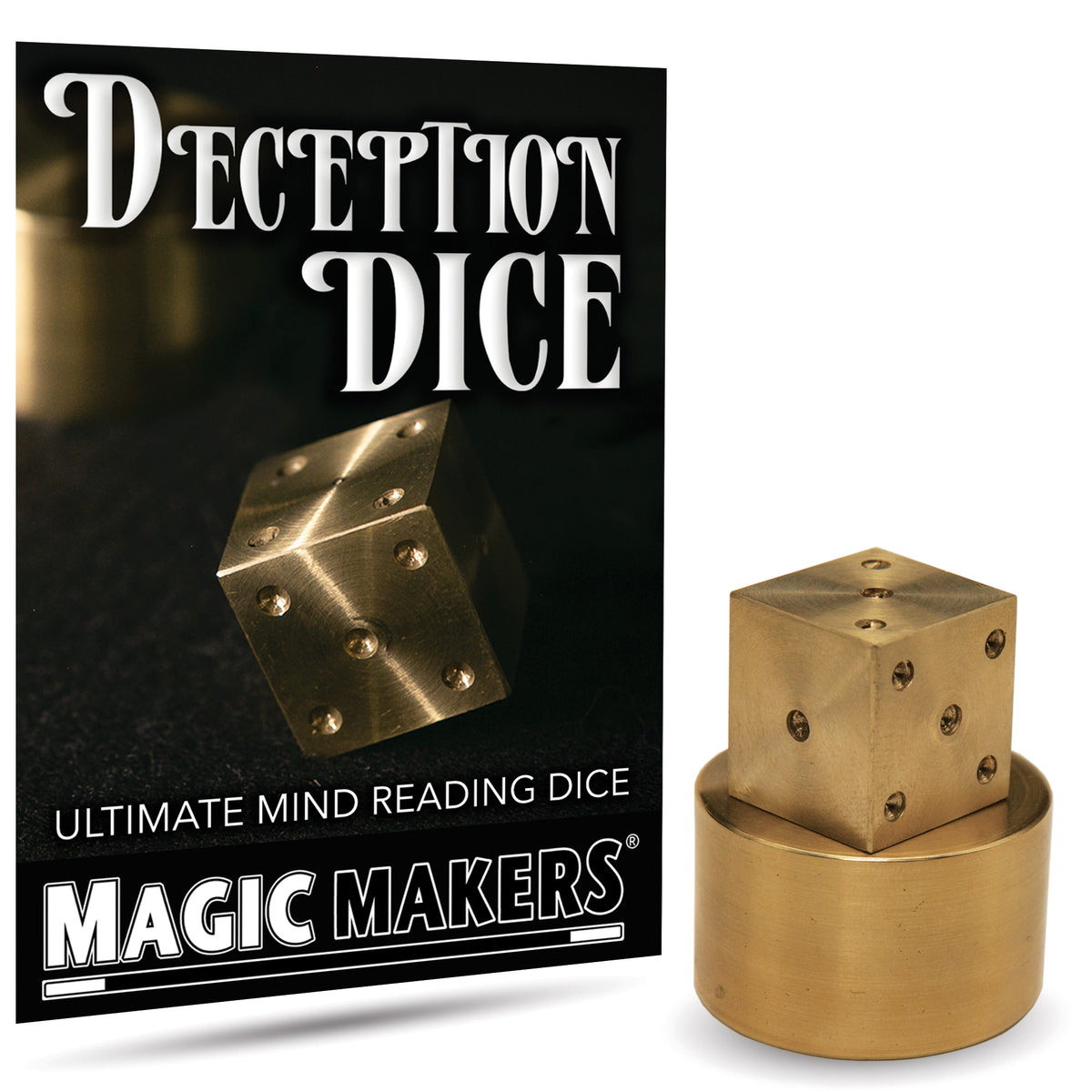Close-up view of the Deception Dice, a mysterious magic trick with a sleek die and sealed chamber, ready to amaze any audience.