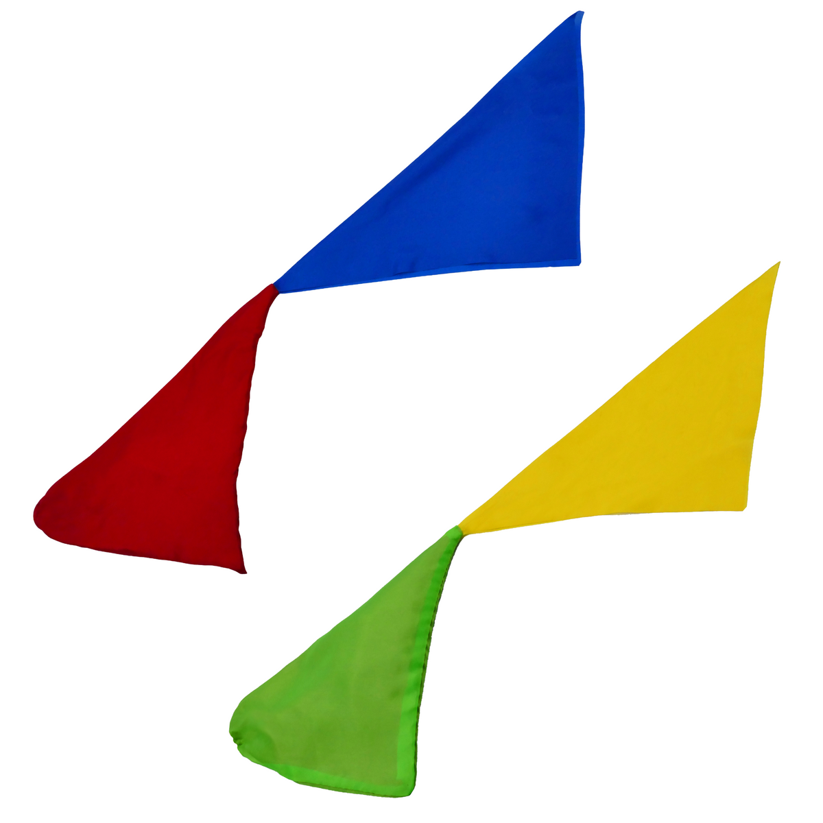 Magic Makers Color Changing Silks set showing both silk pairs — green/yellow and blue/red — for a stunning color transformation trick.