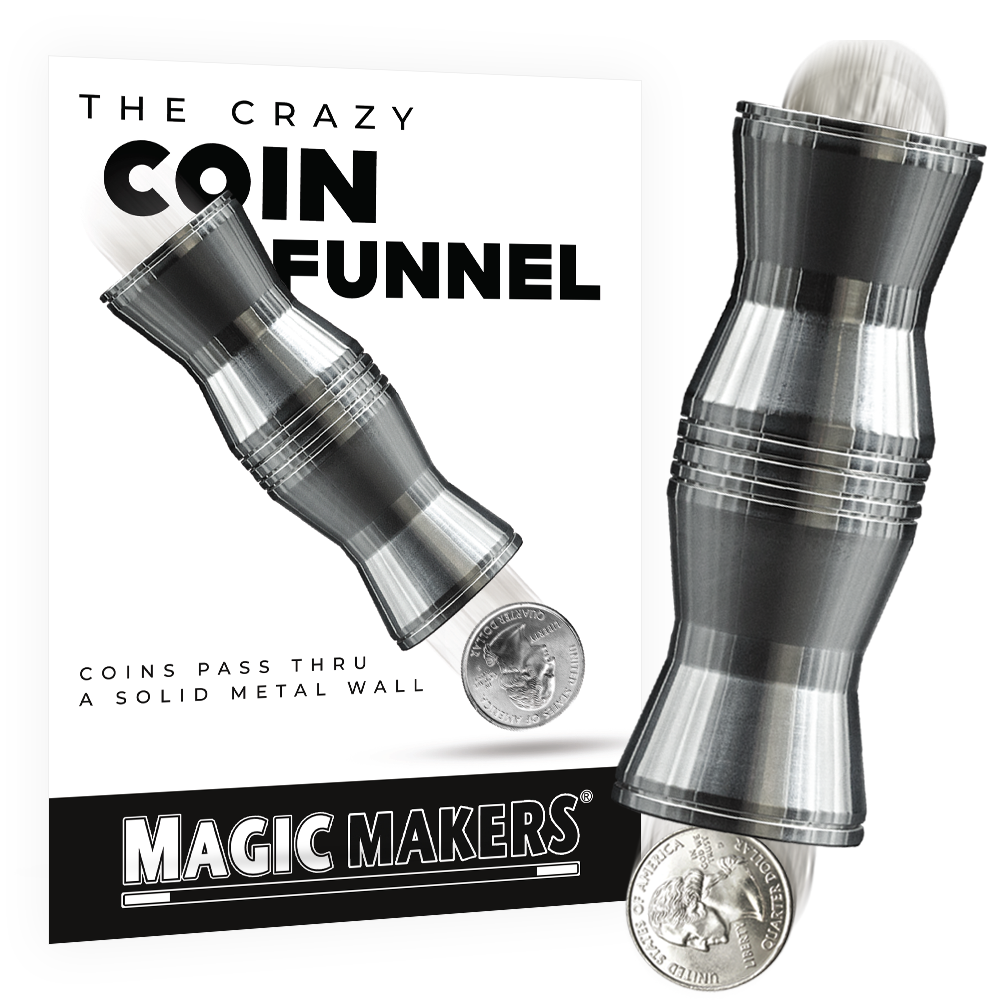 Close-up of the Crazy Coin Funnel Magic Trick, showcasing a shiny metal funnel that magically lets coins pass through its solid wall.