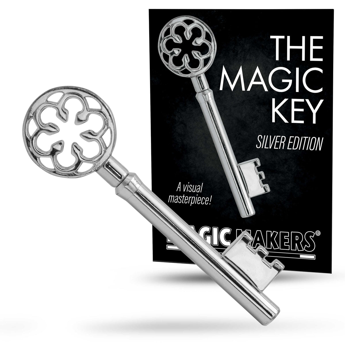Close-up of a shiny silver Magic Key with movable teeth, resting on fingertips, showcasing its mysterious design.