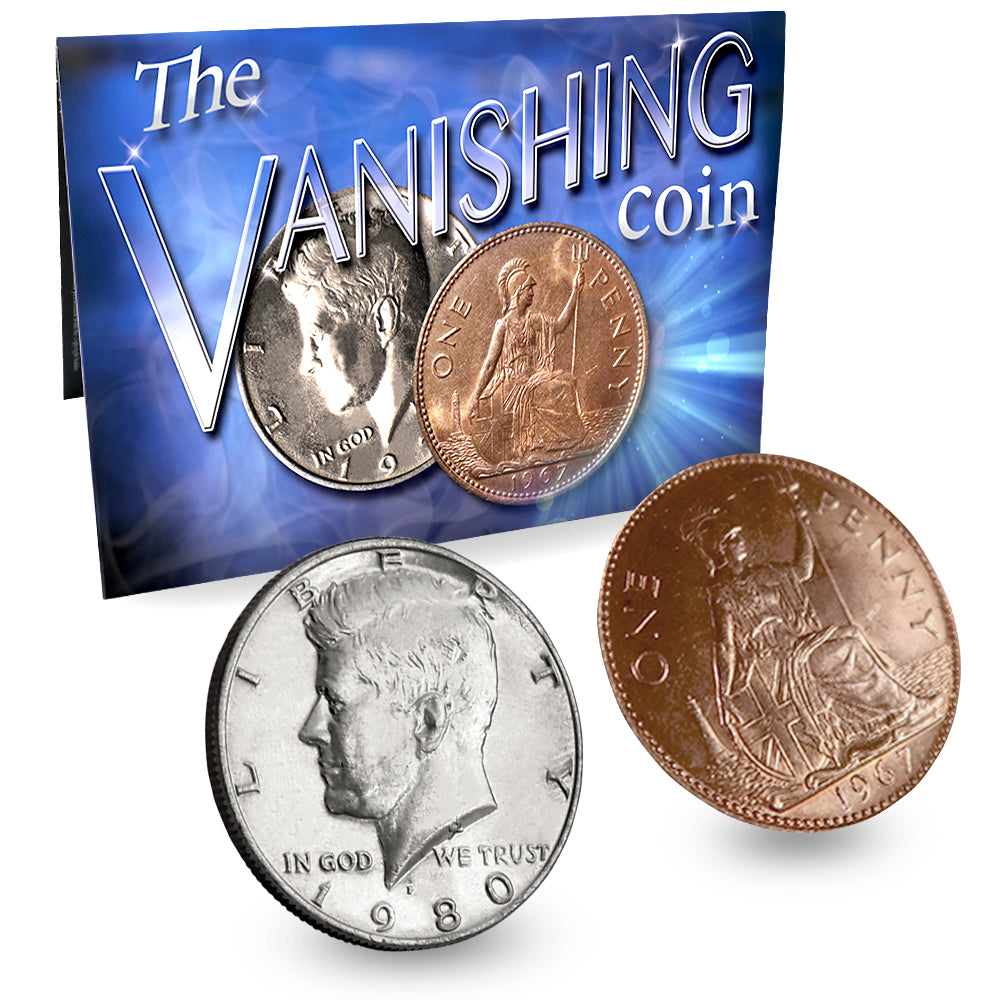 Close-up view of the Vanishing Coin English Penny Limited Edition, showcasing a gleaming, rare coin for magical tricks.