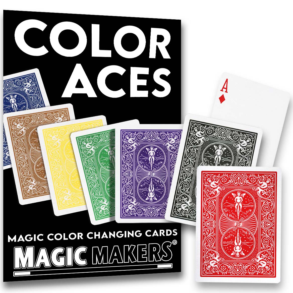 Vibrant Bicycle Back Magic Color Aces Card Trick deck showcasing four colorful aces on a classic red and blue design.