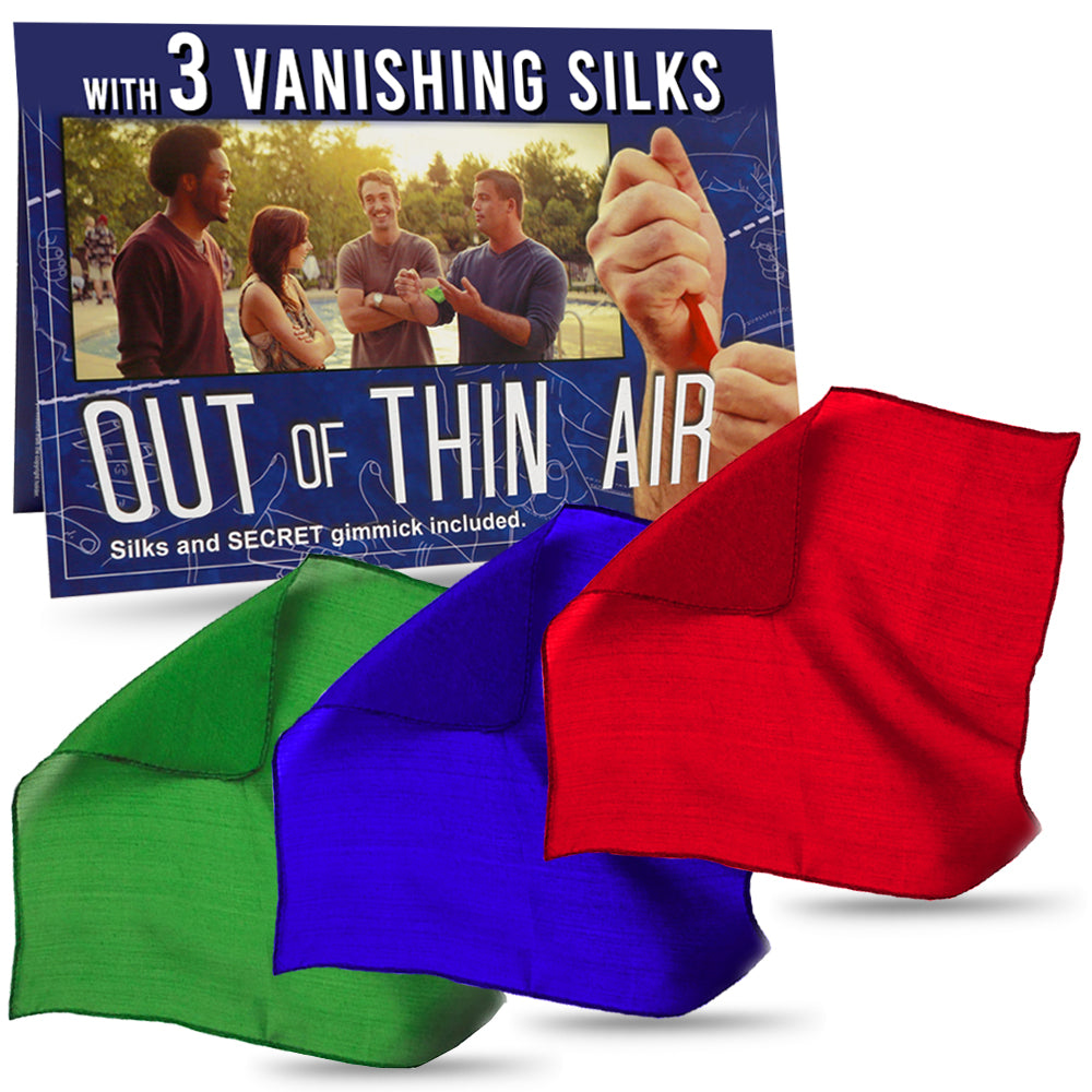 Vibrant red, blue, and green silk handkerchiefs seem to appear and vanish magically from thin air in a captivating trick.