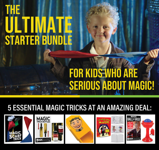 Vibrant Ultimate Starter Bundle for kids, featuring a colorful array of magic tricks like scarves, balls, and a mini coloring book.