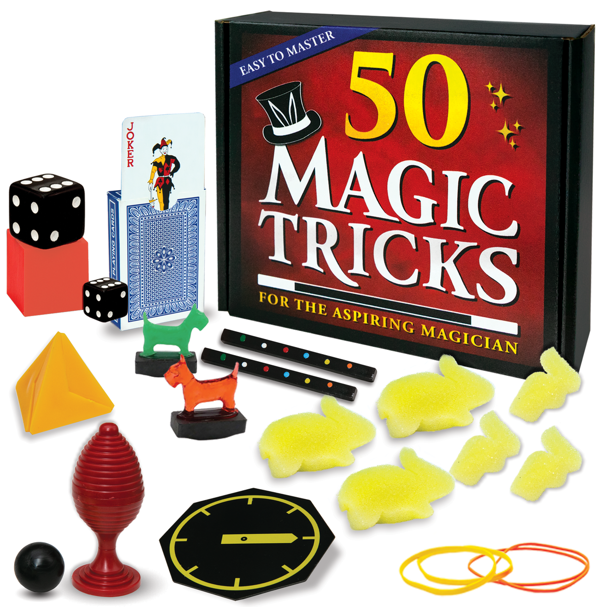 The 50 Amazing Magic Tricks Kit by Magic Makers — colorful props including the Magic Ball & Vase, Mini Stripper Deck, and more.