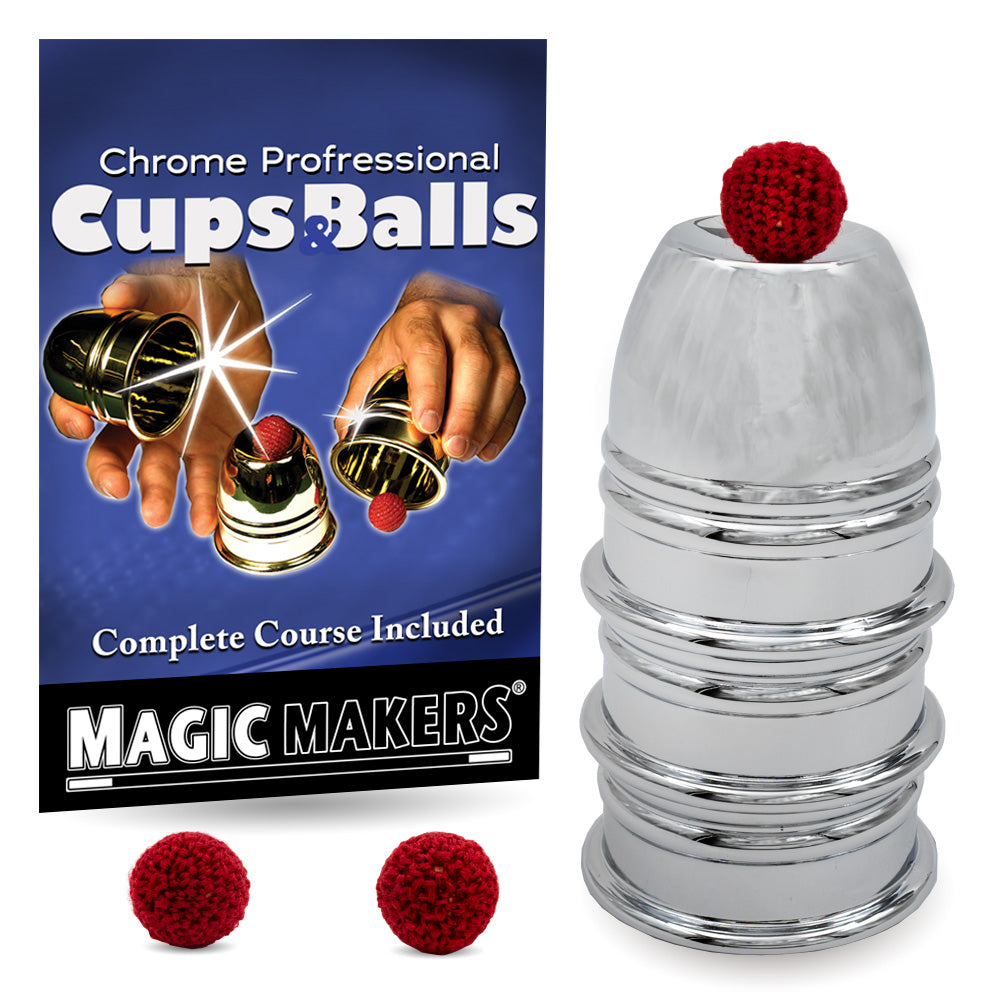 Shiny chrome Cups and Balls set for professional magicians, featuring three heavy, perfectly stacked cups and knit balls.