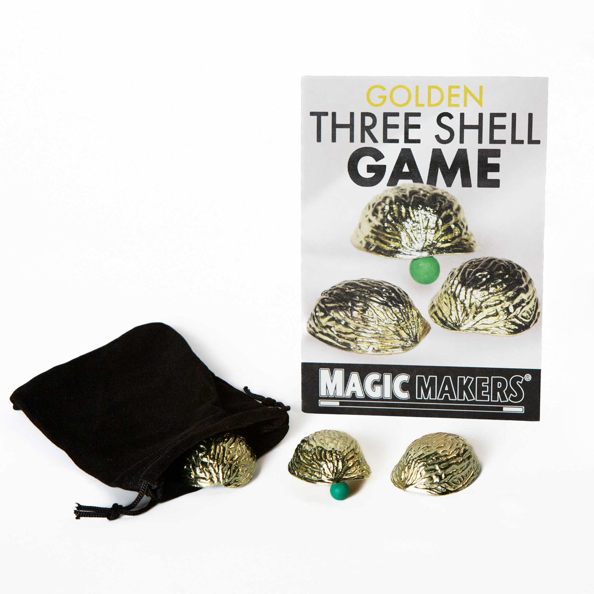 Vintage-style Metal 3 Shell Game set with antique gold shells, green peas, and a velvet pouch for classic magic tricks.