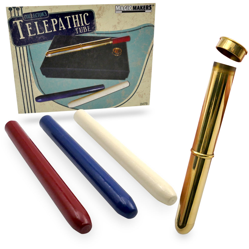 The Collector's Telepathic Tube features a gold metallic tube with a removable cap and three solid rods in red, blue, and white—ideal for performing an impressive magic rocket trick.