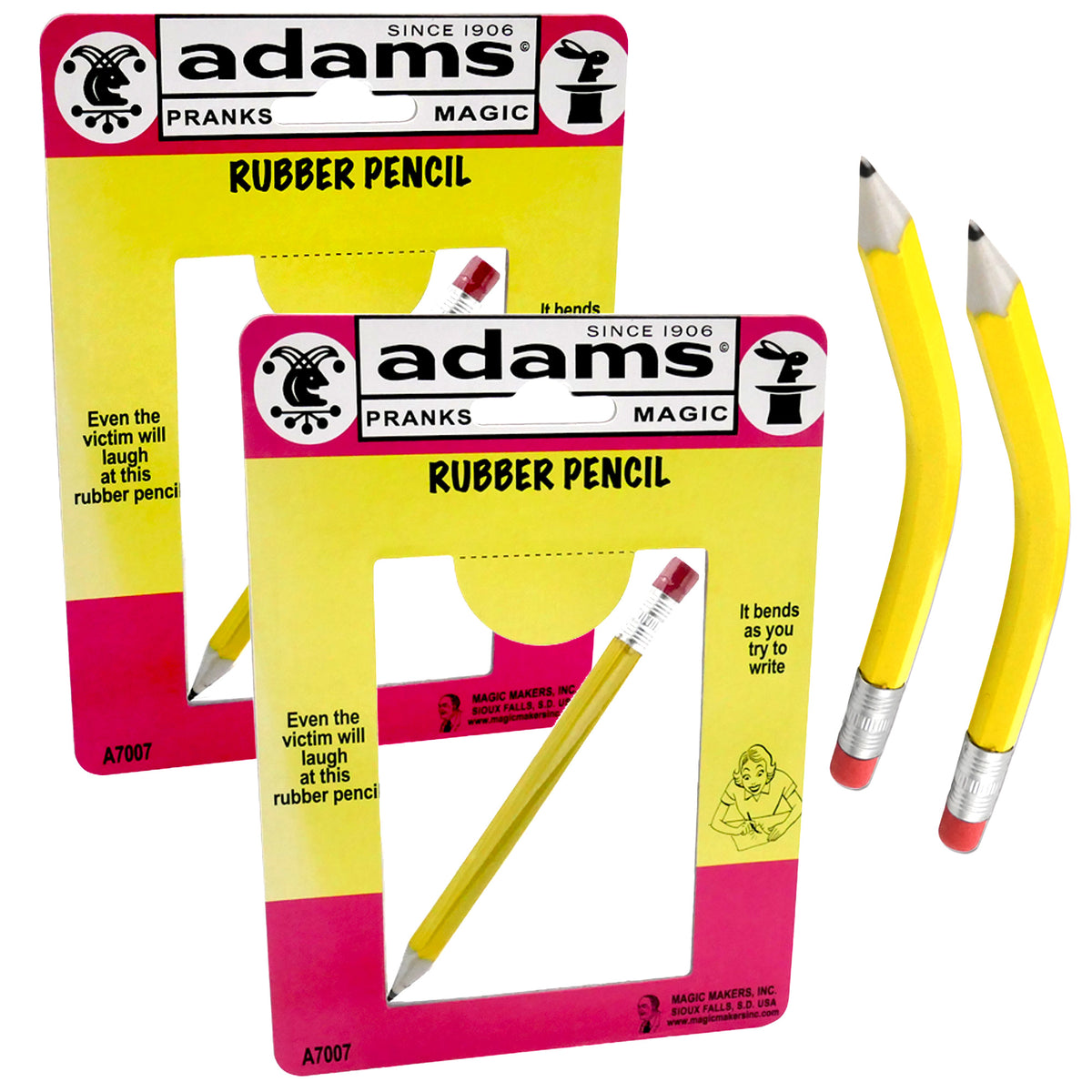 Two rubber pencils from SS Adams, showcasing their bendy, trick design that mimics real pencils for playful pranks.