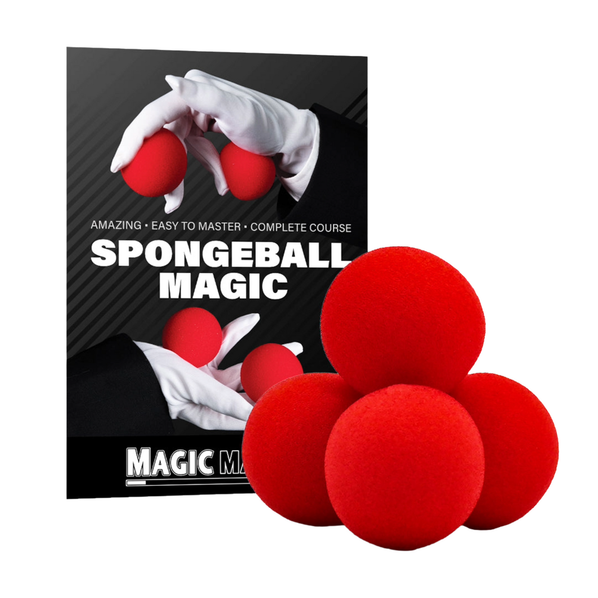 The Magic Sponge Balls Tricks - 4 Pack Red Balls includes four red sponge balls and a guidebook with gloved hands on the cover, perfect for learning classic magic tricks.