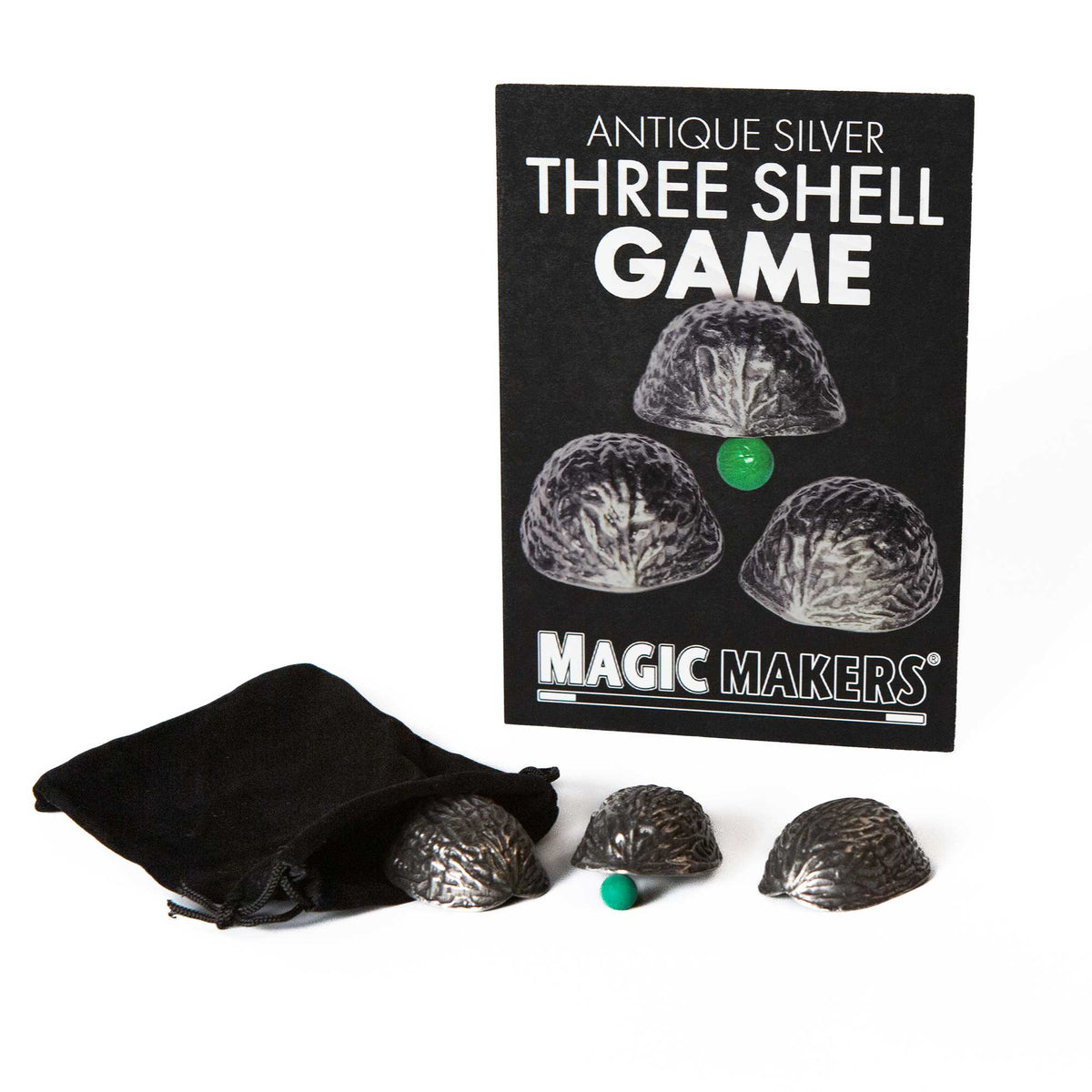 Vintage-style Metal 3 Shell Game set in antique gold finish, featuring three heavy metal shells and small green peas.