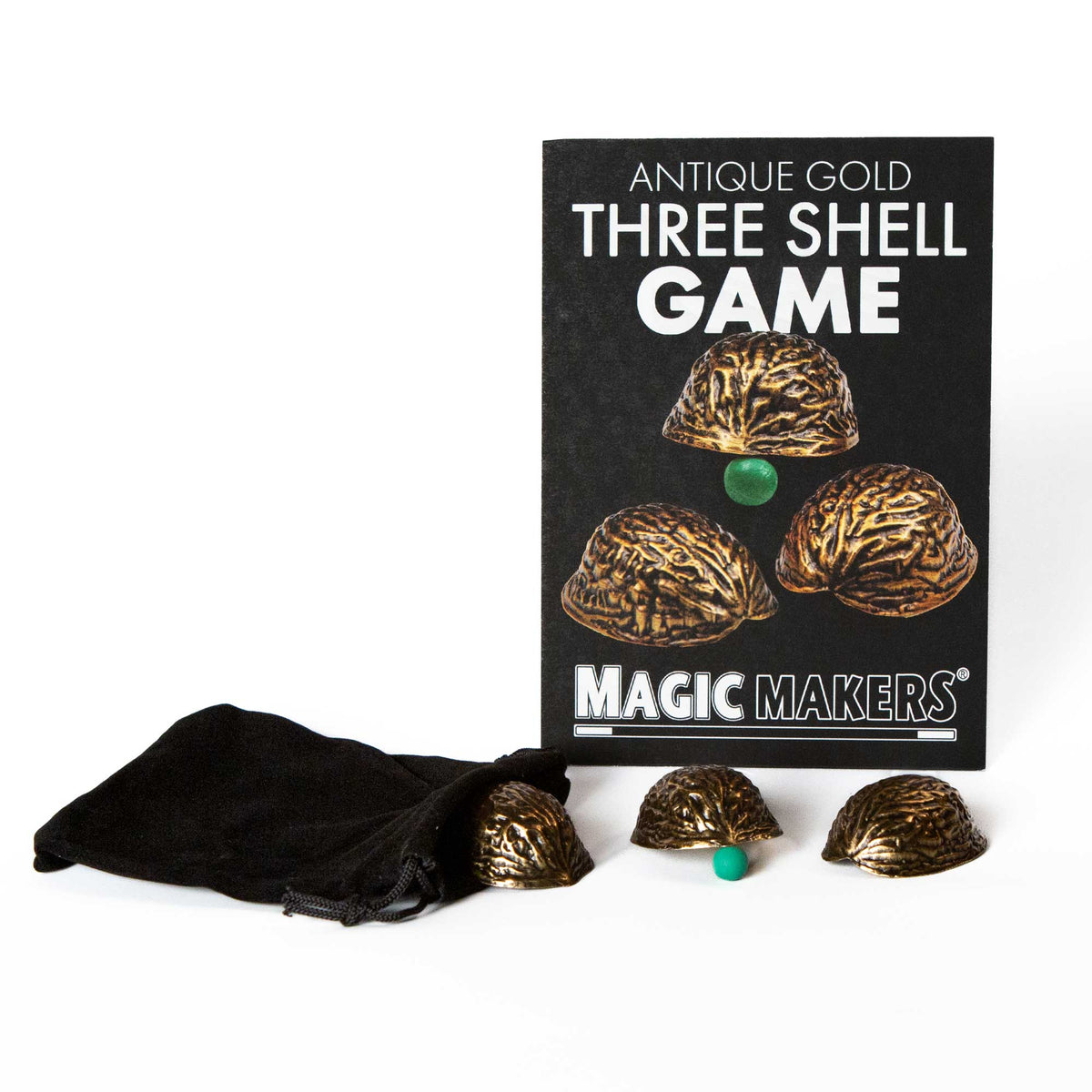 Vintage-style Metal 3 Shell Game set in antique gold finish, featuring three textured shells, green peas, and a velvet pouch.