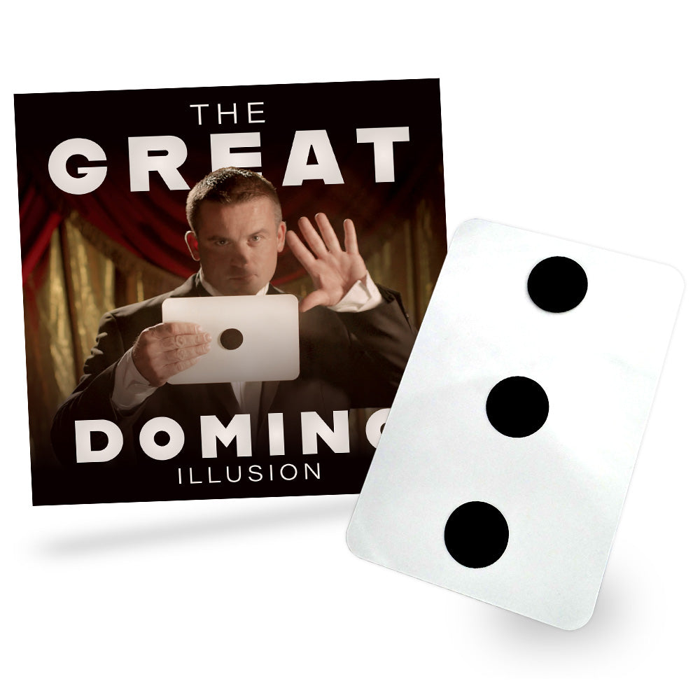 Large 9.5-inch domino card with changing dot illusions, showcasing a sleek white surface for mesmerizing magic tricks.