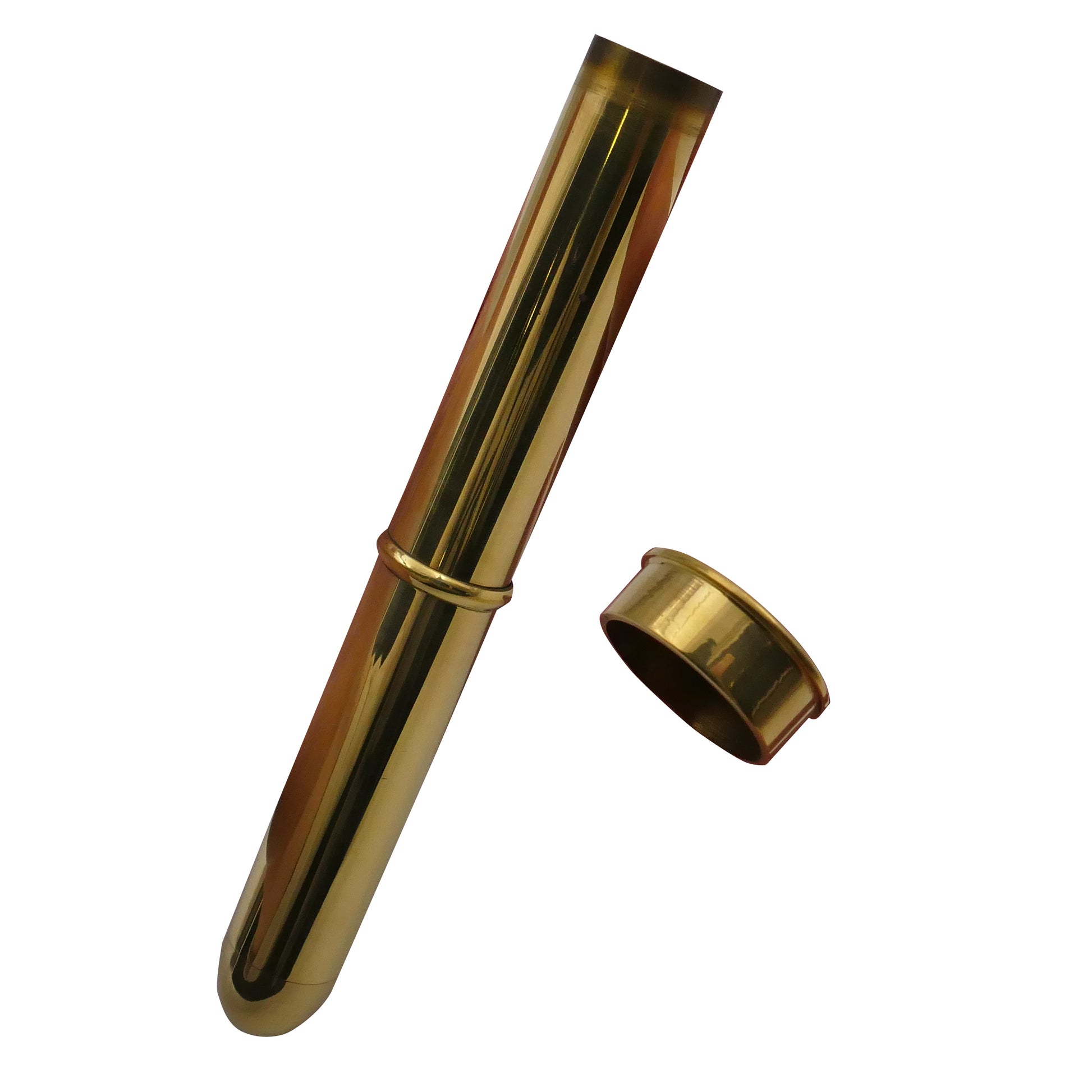 A Collector's Telepathic Tube—a glossy gold cylinder with a detachable cap beside it, both gleaming with smooth metallic shine—makes a striking addition to any collector's magic apparatus.