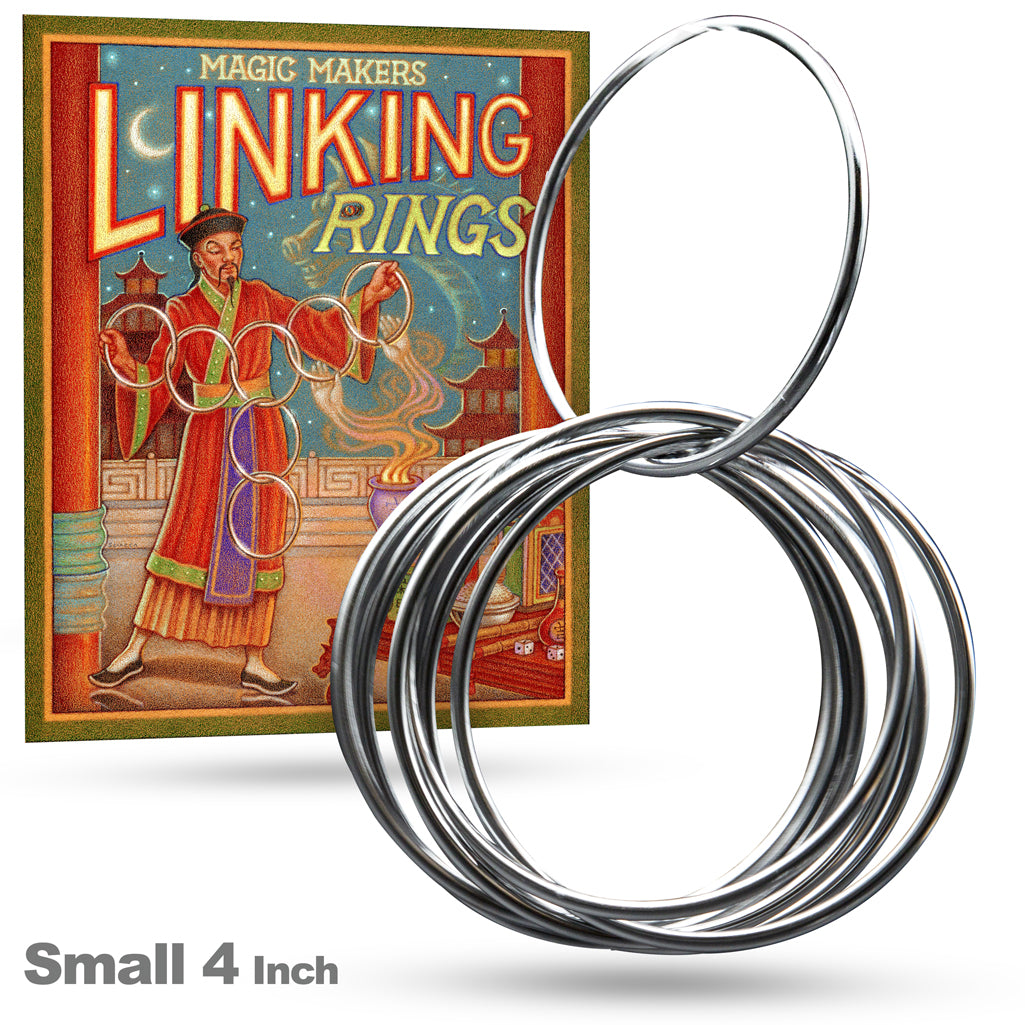 Gleaming set of 8 Linking Rings in various sizes, showcasing a high-polish finish for stunning magic performances.