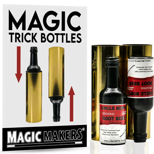 Two tall, quirky Magic Trick Bottles with a classic root beer design, perfect for a mind-bending copycat illusion trick.