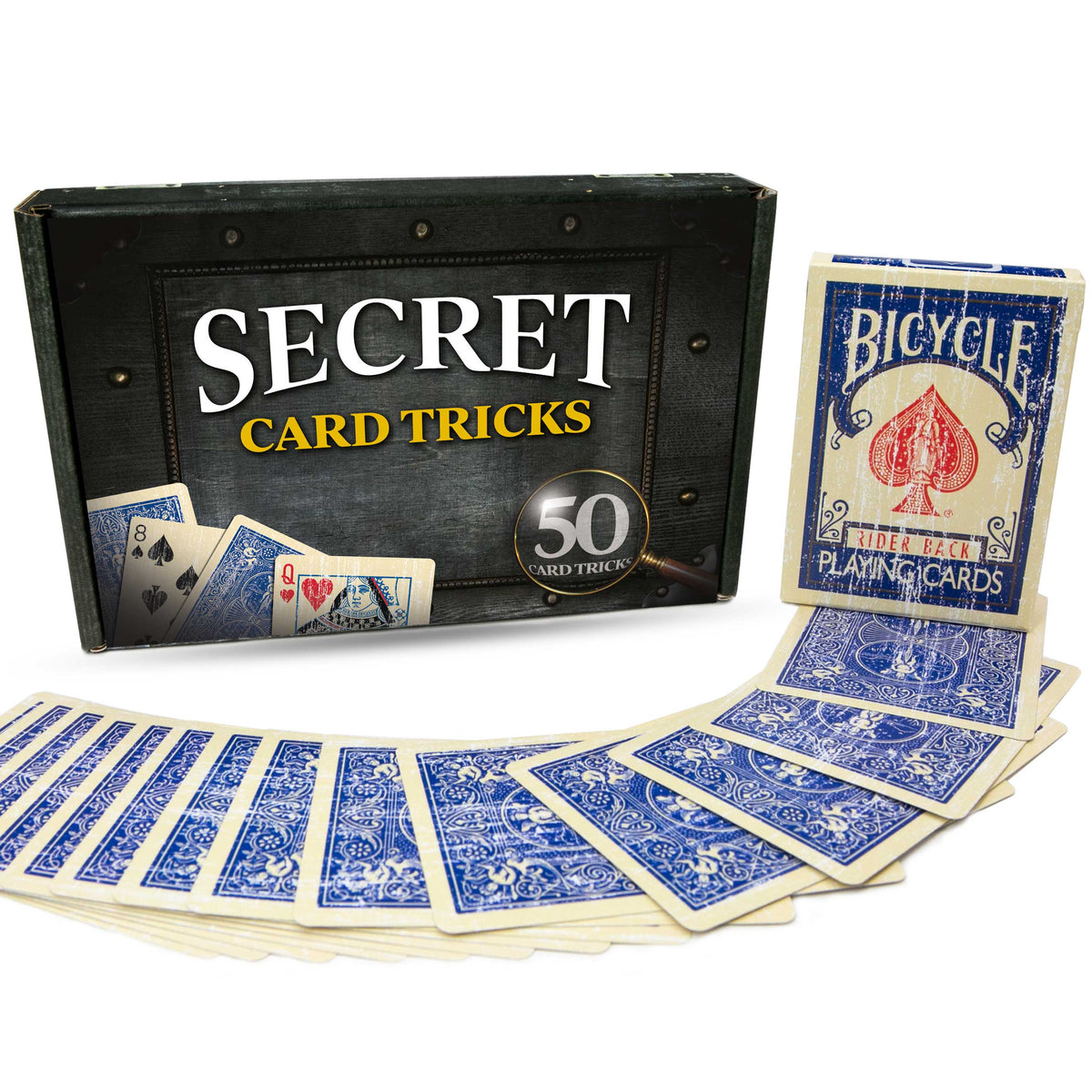 Explore the Secret Card Tricks Kit featuring a vintage-style Blue Bicycle Faded Deck and magical aces for stunning illusions.