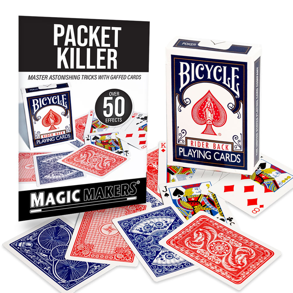 Explore the magic of card tricks with the Packet Killer set, featuring the Ultimate Gaffed Deck in a vibrant Bicycle design.