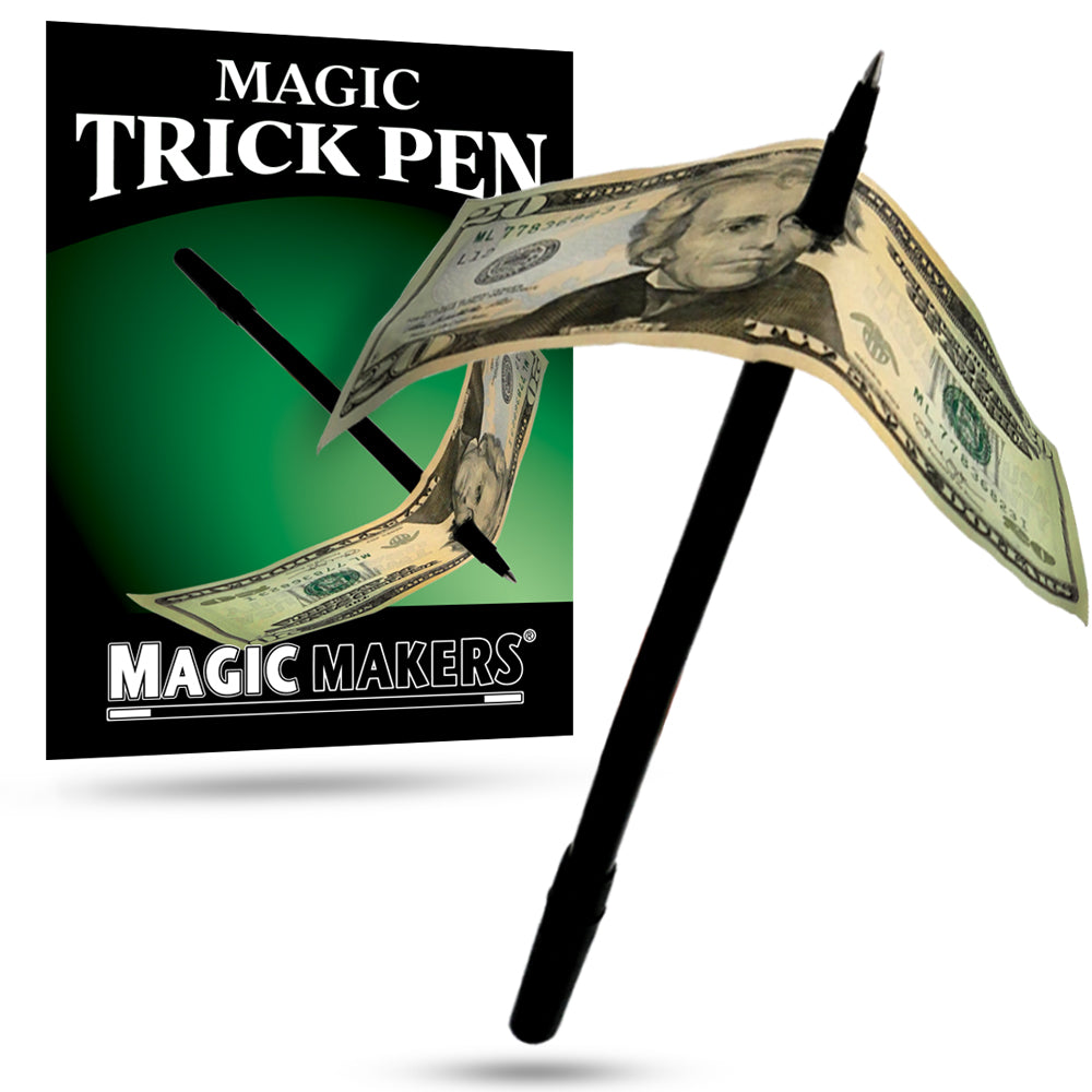 Sleek black Magic Trick Pen beside a dollar bill, showcasing its clever gimmick for a mind-blowing penetration illusion.