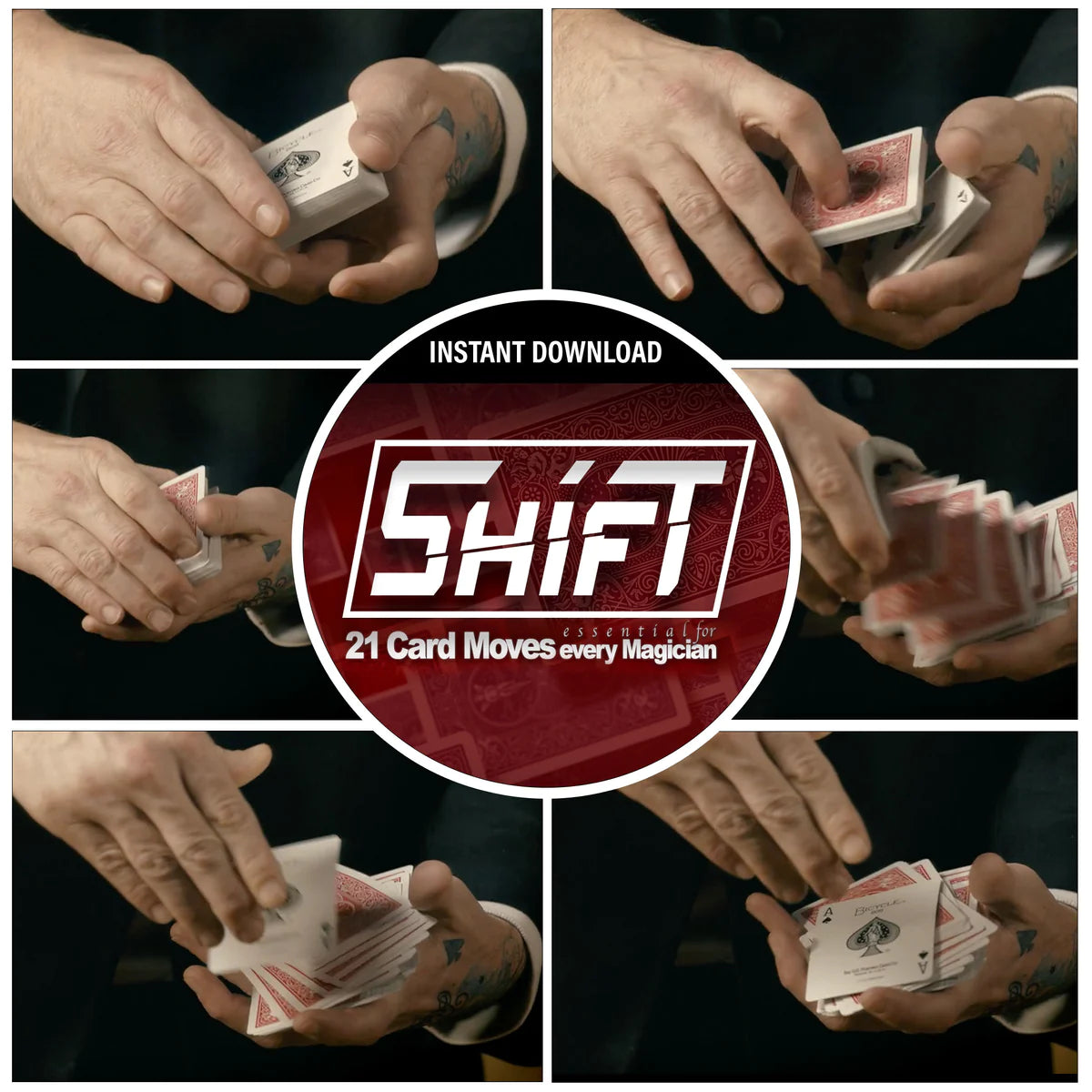 Detailed tutorial cover for Invisible Shift Download, showcasing a deck of cards with a magical, mid-shuffle effect.