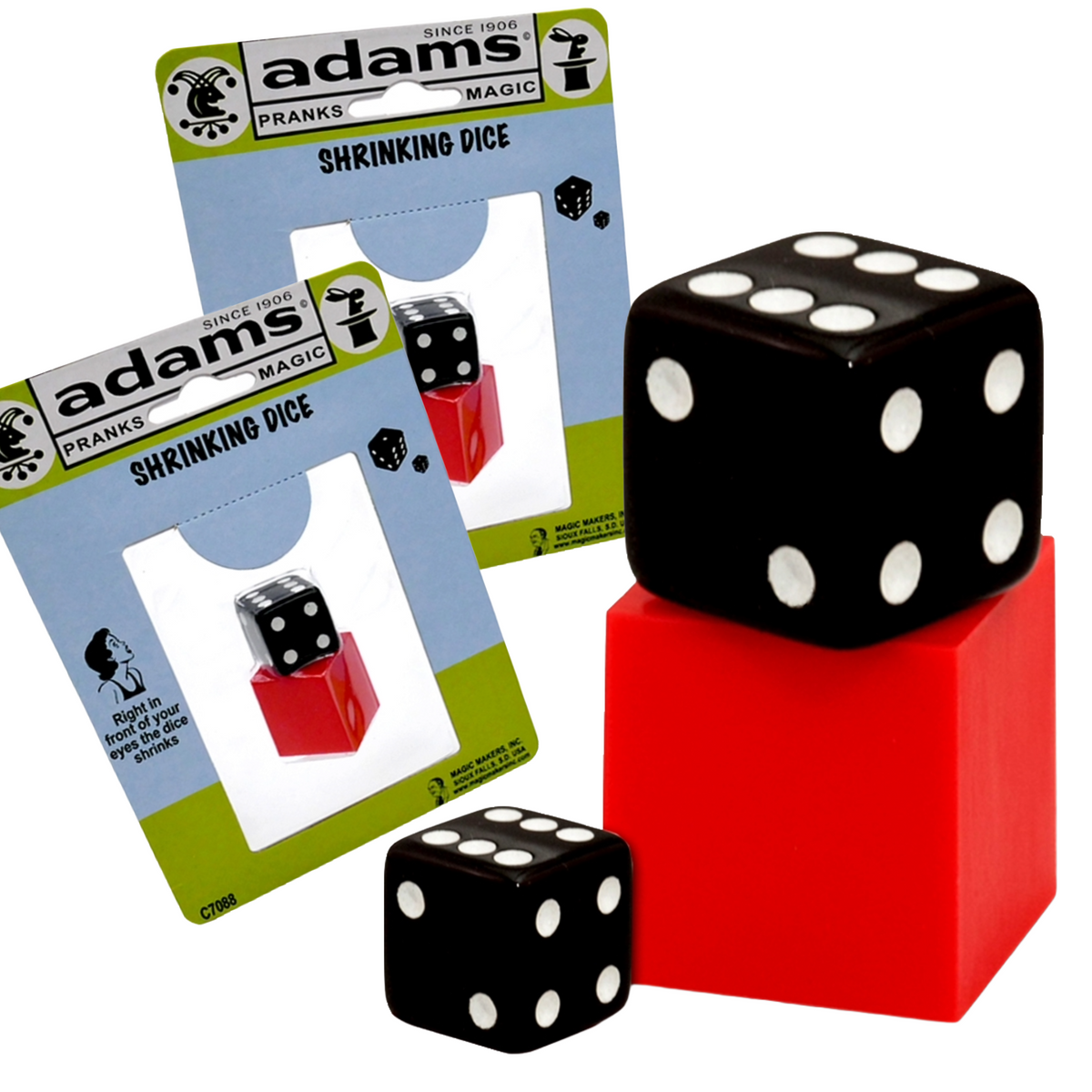 Magic Makers Shrinking Dice trick featuring a set of dice that appear to shrink before the audience's eyes.