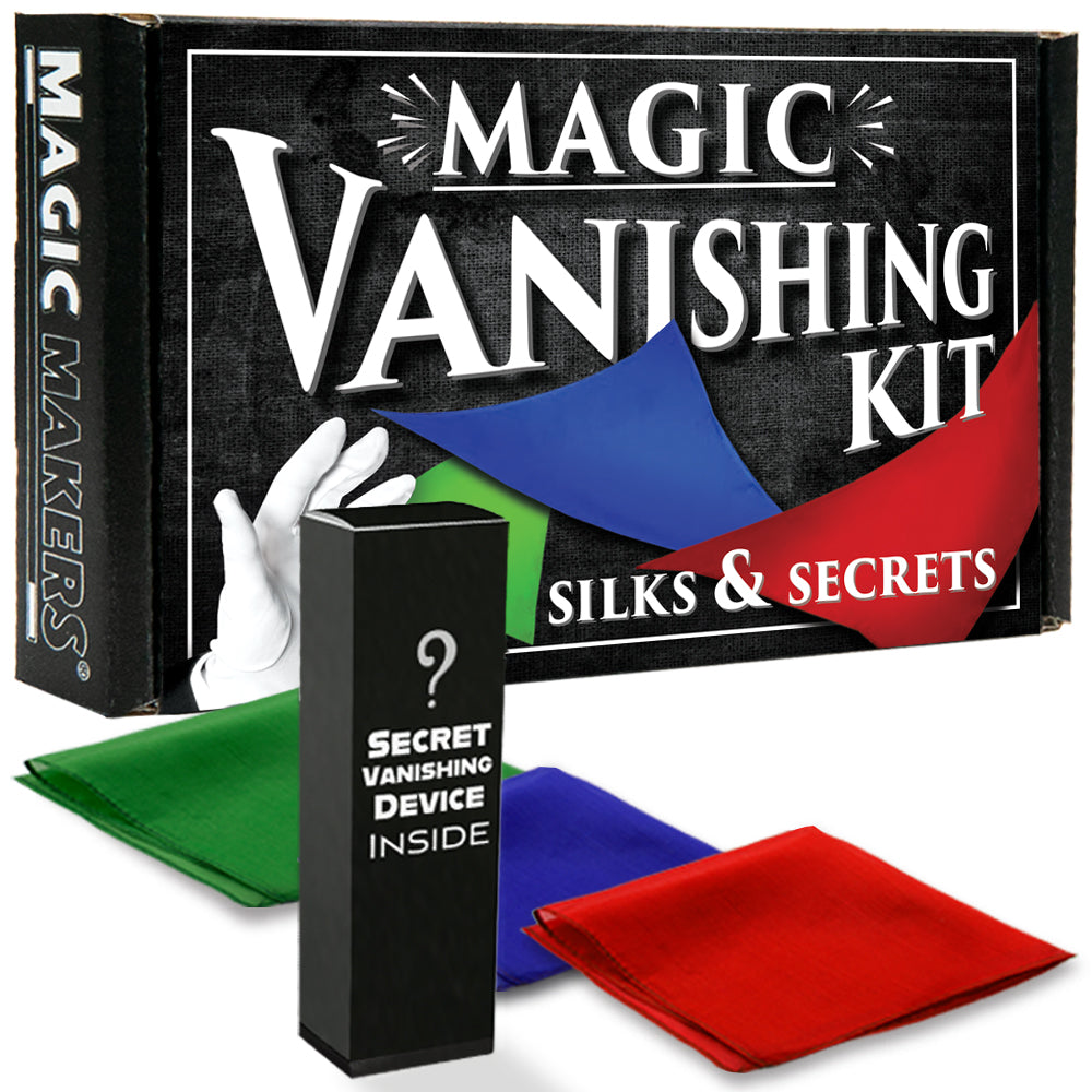 Vibrant red, blue, and green silks materialize and vanish in the Magic Vanishing Kit, showcasing a mesmerizing illusion.